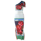 Flower print contrast one shoulder irregular slit midi skirt set